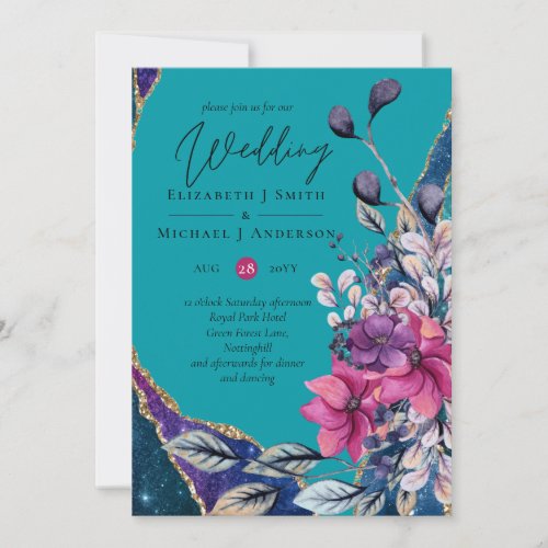 Beautiful Purple Teal Floral Agate Wedding  Invitation