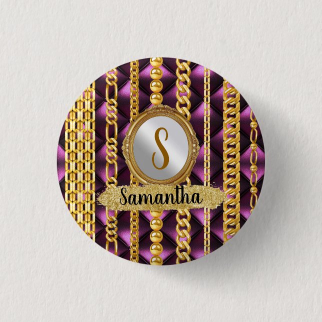 Beautiful Purple Velvet Gold Monogram Elegant Chic Button (Front)