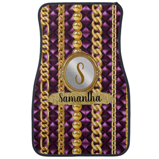Beautiful Purple Velvet Gold Monogram Elegant Chic Car Floor Mat (Front)