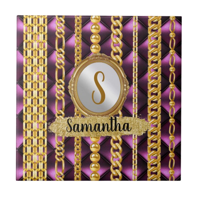 Beautiful Purple Velvet Gold Monogram Elegant Chic Ceramic Tile (Front)