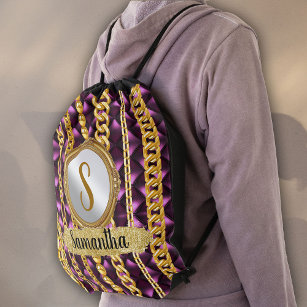 Beautiful Purple Velvet Gold Monogram Elegant Chic Drawstring Bag