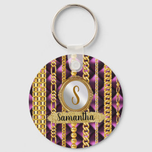 Beautiful Purple Velvet Gold Monogram Elegant Chic Keychain