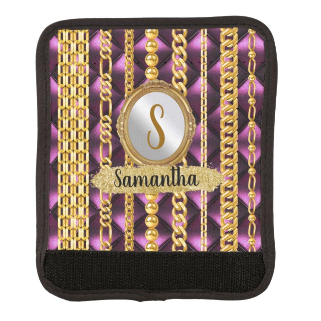 Beautiful Purple Velvet Gold Monogram Elegant Chic Luggage Handle Wrap (Front)
