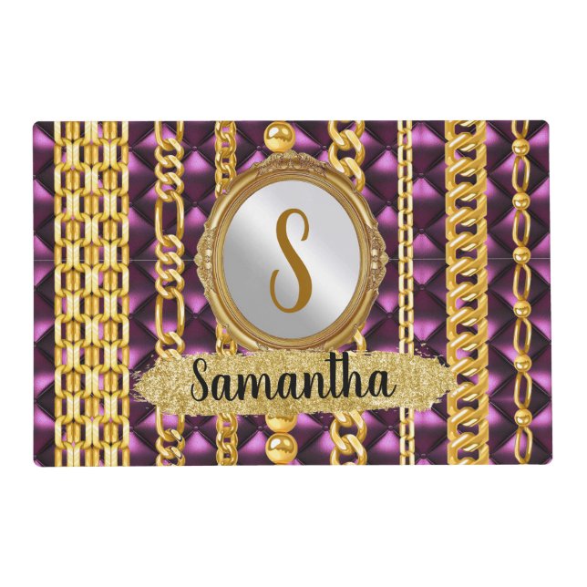 Beautiful Purple Velvet Gold Monogram Elegant Chic Placemat (Front)