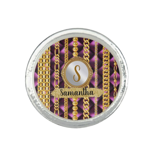 Beautiful Purple Velvet Gold Monogram Elegant Chic Ring (Front)