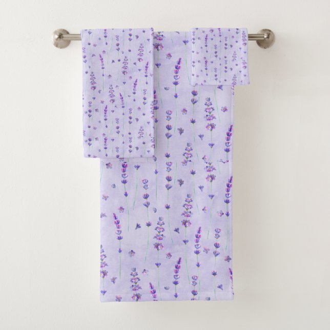 Beautiful Purple Watercolor Lavender Flower Bath Towel Set (Insitu)