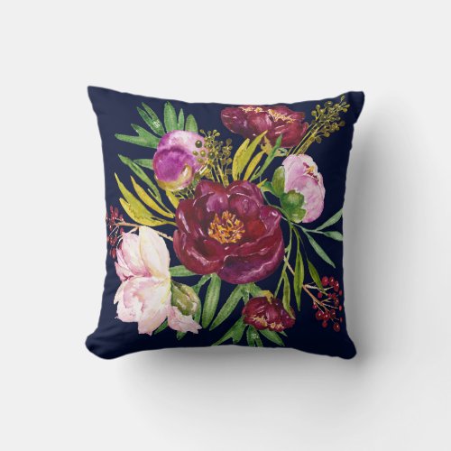Beautiful Purple Wine and Pink Peonies on Navy Throw Pillow