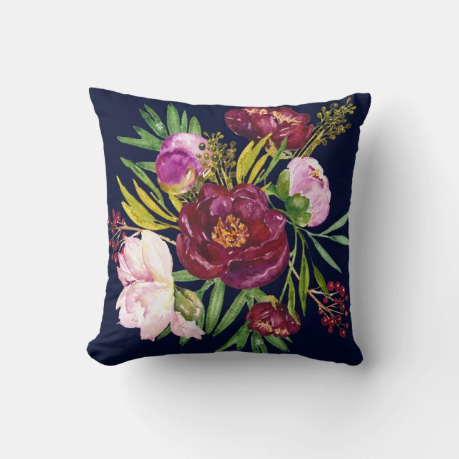 Beautiful Purple Wine and Pink Peonies on Navy Throw Pillow (Front)