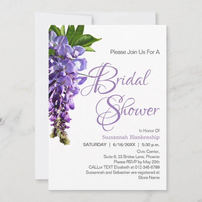 Beautiful Purple Wisteria Flowers Bridal Shower Invitation (Front)