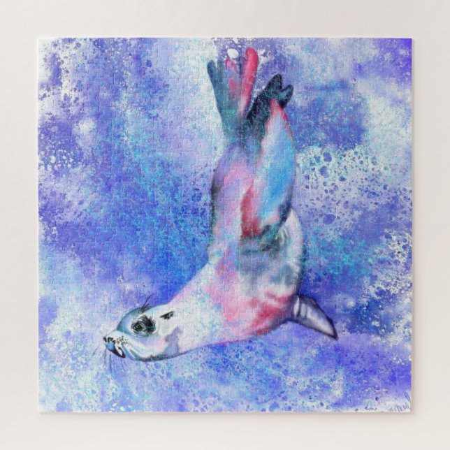 Beautiful Puzzle with Happy Seal Swimming (Vertical)