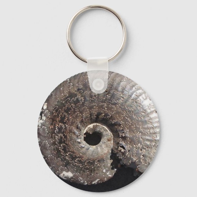 Beautiful pyrite ammonite fossil showing sutures keychain (Front)