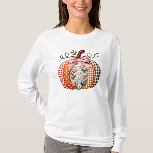 Beautiful Quilted Patchwork Patterned Pumpkin T-Shirt (Front)