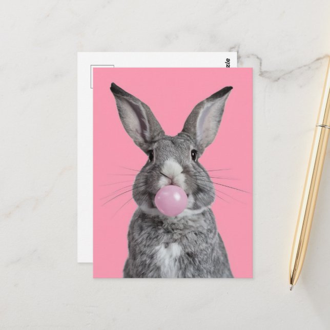 Beautiful Rabbit Chewing Pink Bubble Gum Postcard (Front/Back In Situ)