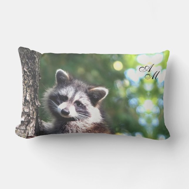 Beautiful Raccoon on the Jungle & Monogram Lumbar Pillow (Front)