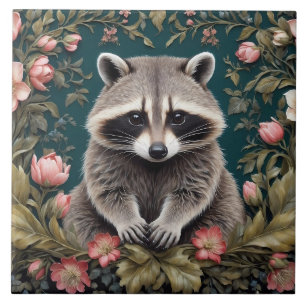Beautiful Racoon Pink Floral Ceramic Tile
