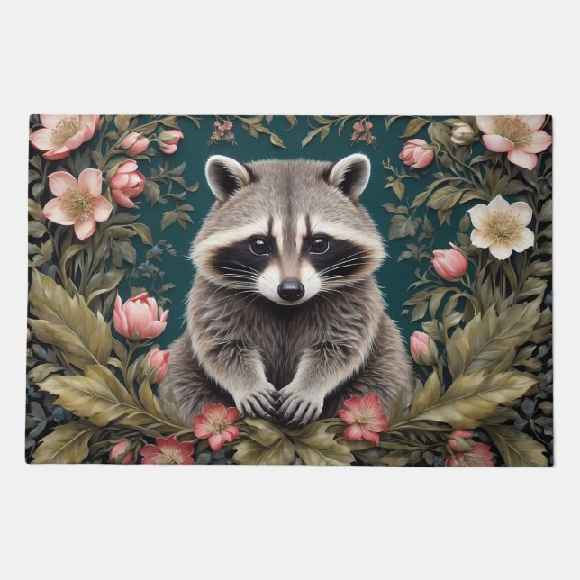 Beautiful Racoon Pink Floral Doormat (Front)