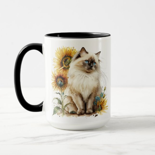BEAUTIFUL RAGDOLL CAT WITH SUNFLOWERS MUG (Left)