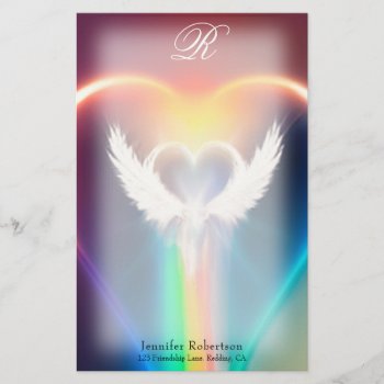Beautiful Rainbow Angel Wings Monogram Stationery by MemorialGiftShop at Zazzle