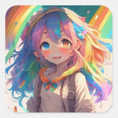 Beautiful Rainbow Anime Girl Square Sticker