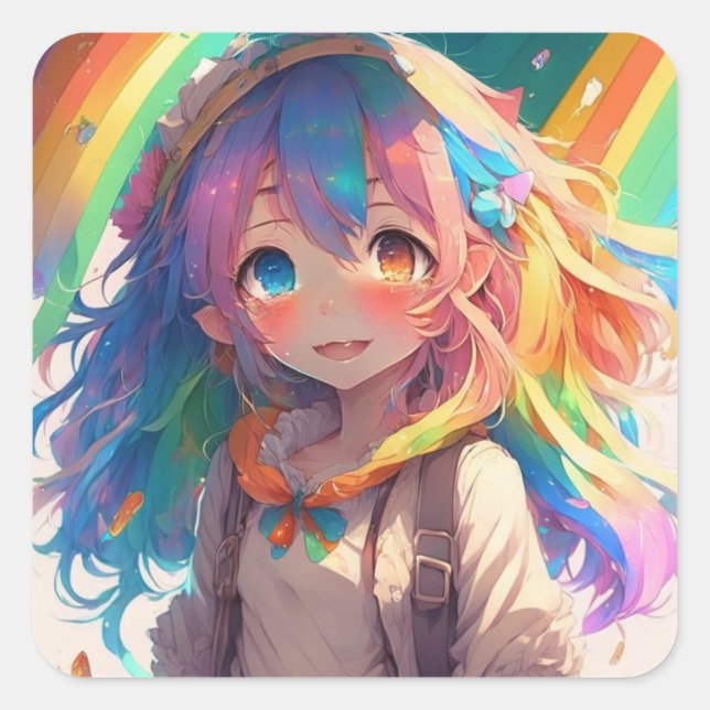 Beautiful Rainbow Anime Girl Square Sticker (Front)