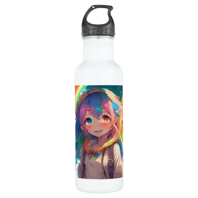 Beautiful Rainbow Anime Girl Stainless Steel Water Bottle (Front)