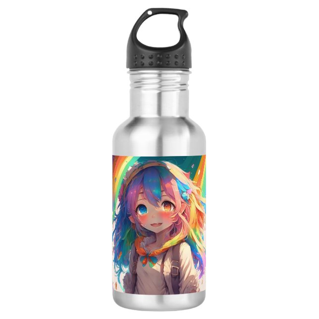 Beautiful Rainbow Anime Girl Stainless Steel Water Bottle (Front)