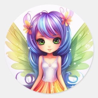Beautiful Rainbow Colored Happy Fairy Princess Classic Round Sticker
