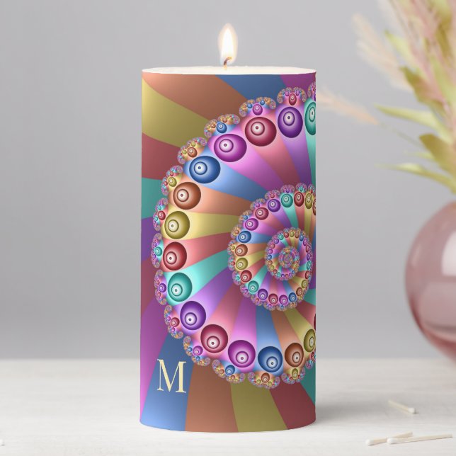 Beautiful Rainbow Colors Abstract Fractal Monogram Pillar Candle (In Situ)