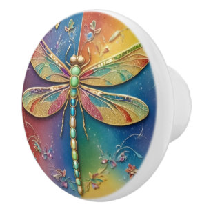Beautiful Rainbow Dragonfly - Colorful multicolor Ceramic Knob