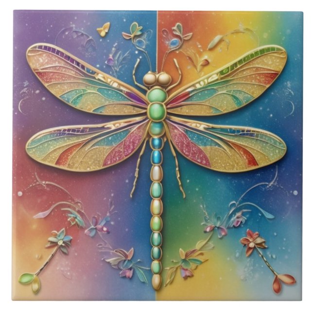 Beautiful Rainbow Dragonfly - Colorful multicolor Ceramic Tile (Front)