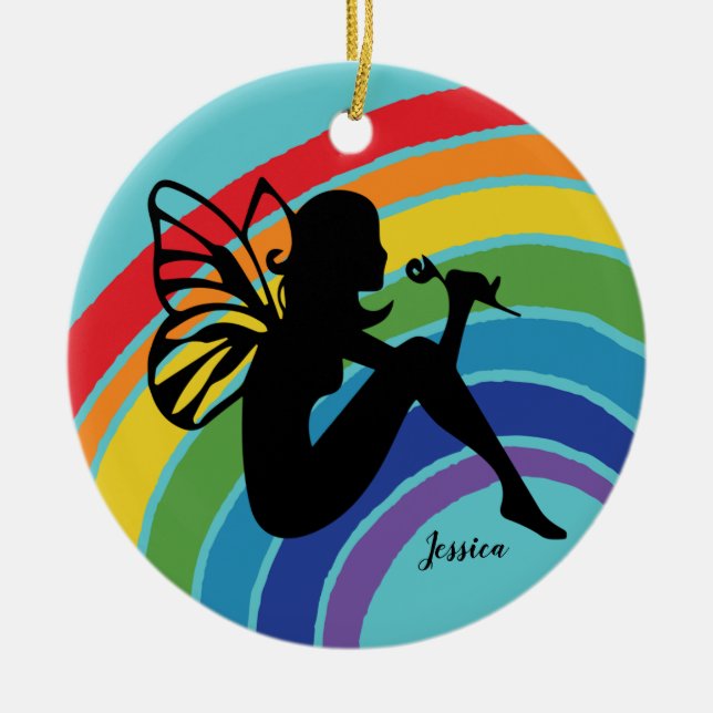 Beautiful Rainbow Fairy Girl Monogram LGBTQ Ceramic Ornament (Front)
