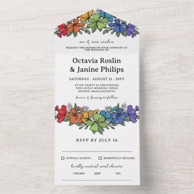 Beautiful Rainbow Floral LGBT Wedding All In One Invitation (Inside)