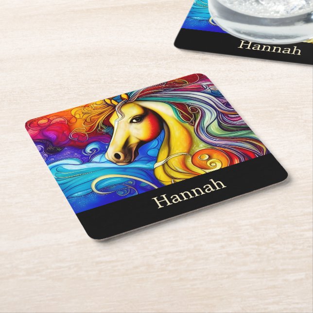 Beautiful Rainbow Horse Portrait  Square Paper Coaster (Angled)