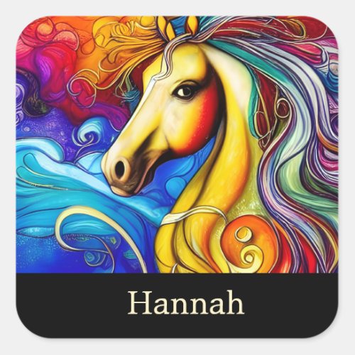 Beautiful Rainbow Horse Portrait  Square Sticker