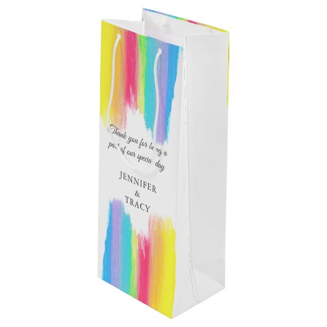 Beautiful Rainbow Personalized LGBTQ Wedding Wine Gift Bag (Front Angled)