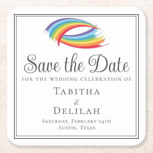 Beautiful Rainbow Waves LGBT Save the Date Square Paper Coaster