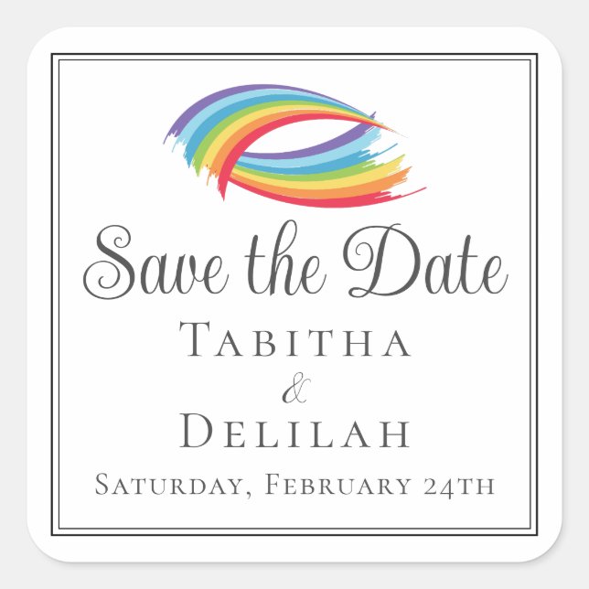 Beautiful Rainbow Waves LGBT Save the Date Square Sticker (Front)