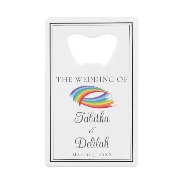 Beautiful Rainbow Waves Personalized Wedding Credit Card Bottle Opener (Front)