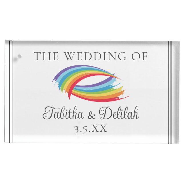 Beautiful Rainbow Waves Personalized Wedding Place Card Holder (Front)