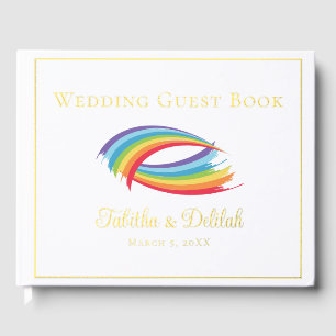 Beautiful Rainbow Wedding Gold Foil Script Guest Book