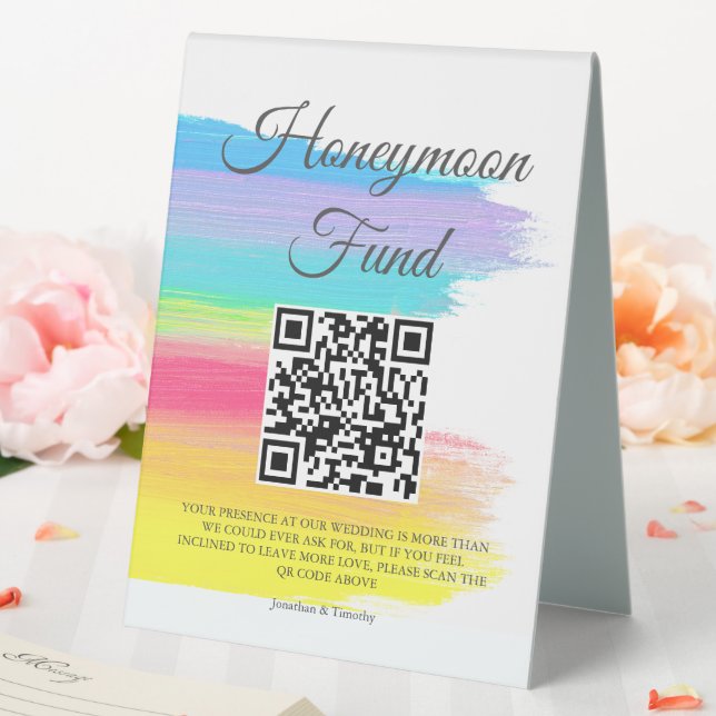 Beautiful Rainbow Wedding Honeymoon Fund QR Code Table Tent (In SItu (Wedding))