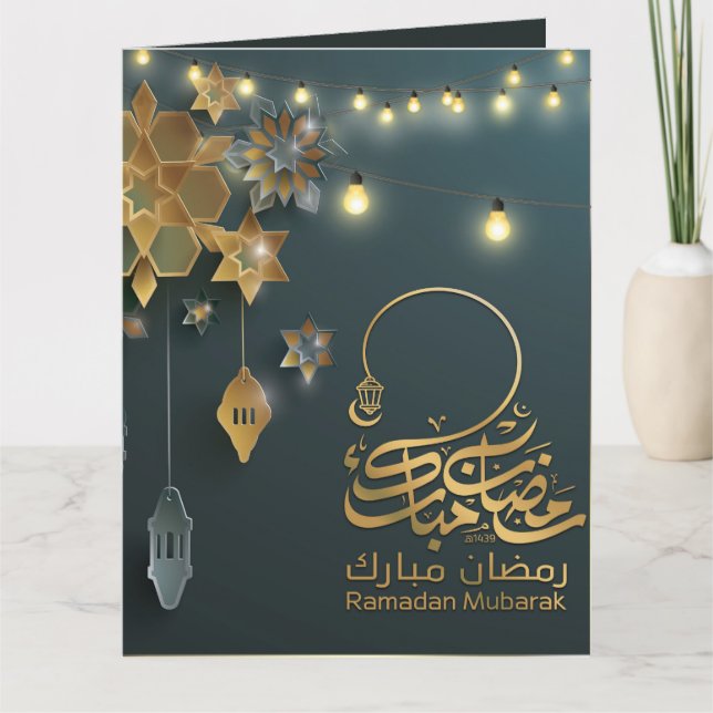 Beautiful Ramadan Mubarak Golden & Blue Typography Card (Front)