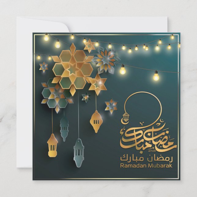 Beautiful Ramadan Mubarak Golden & Blue Typography Holiday Card (Front)