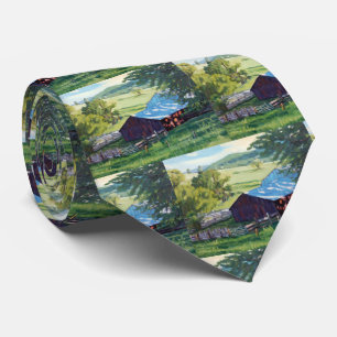 Beautiful Ranch Scene With Colorful Barn Neck Tie