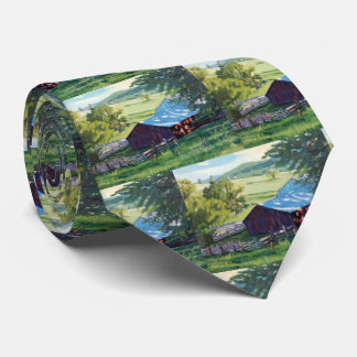 Beautiful Ranch Scene With Colorful Barn Neck Tie