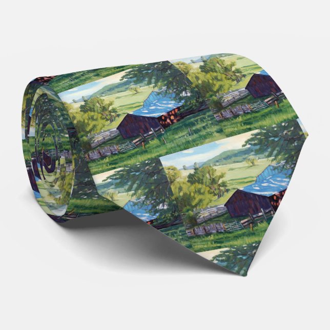 Beautiful Ranch Scene With Colorful Barn Neck Tie (Rolled)