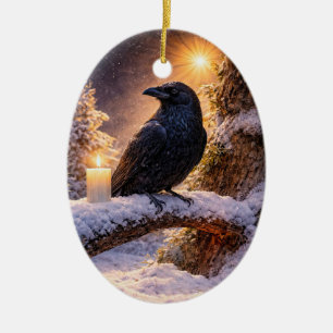 Beautiful Raven Candle in the Snow Yule Solstice Ceramic Ornament