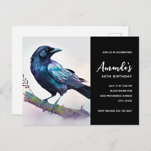 Beautiful Raven on a Tree Branch Birthday Invitation Postcard
