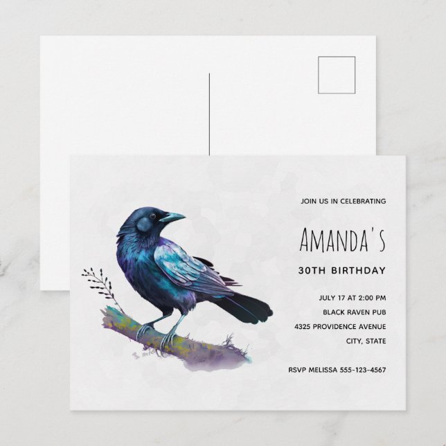 Beautiful Raven on a Tree Branch Birthday Invitation Postcard (Front/Back)