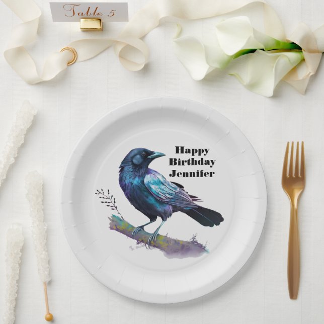 Beautiful Raven on a Tree Branch Birthday Paper Plates (Wedding)